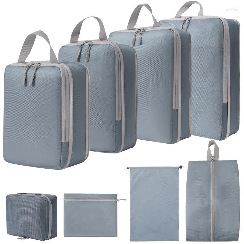 Sacs de rangement 8 Set Cubes d'emballage de voyage Organisateurs de bagages avec trousse de toilette suspendue Forfaits de tri de vêtements multifonctionnels