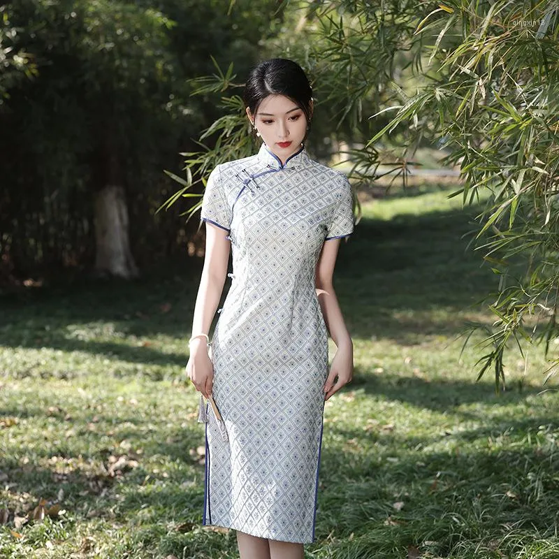 Etnische Kleding Zomer Cheongsam Halflange Chinese Stijl Verbeterde Kant Meisje 2023 Single-layer Jurk