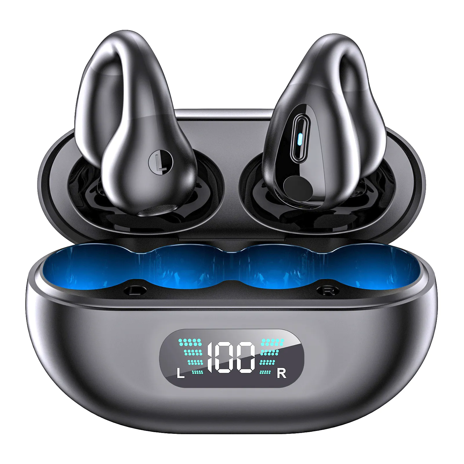 Trådlöst Bluetooth Apple Earphones Ear Bone Conduct HEADSET CLAMPING SPORTS TWS BINAURAL BURECANCELLING IPX5 Vattentät LED Displayhörlur för mobiltelefon