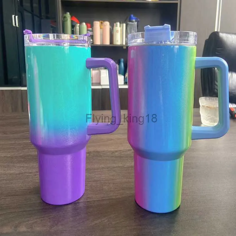 40oz Thermos Cup Gradient Rainbow Paint Stainl Steel avec poignée Bouteille d'eau isolée Double couche Coffee Cup Travel Car Mugs HKD230807