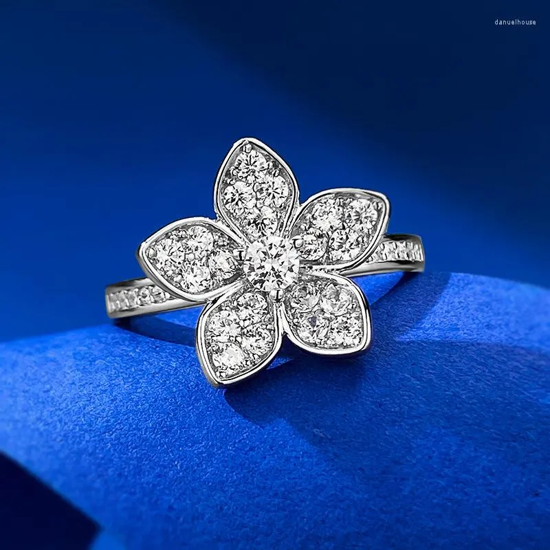 Cluster Anéis Anel em forma de flor feminino imitação de diamante pequeno S925 prata uso único empilhado dedo indicador