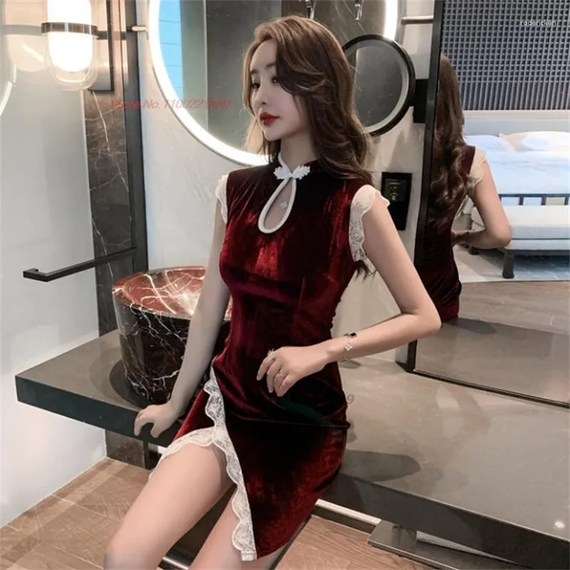 Ethnic Clothing 2023 Chinese Sexy Qipao Lace Velvet Sleeveless Cheongsam French Vintage Party Dress El Spa Work Nightclub