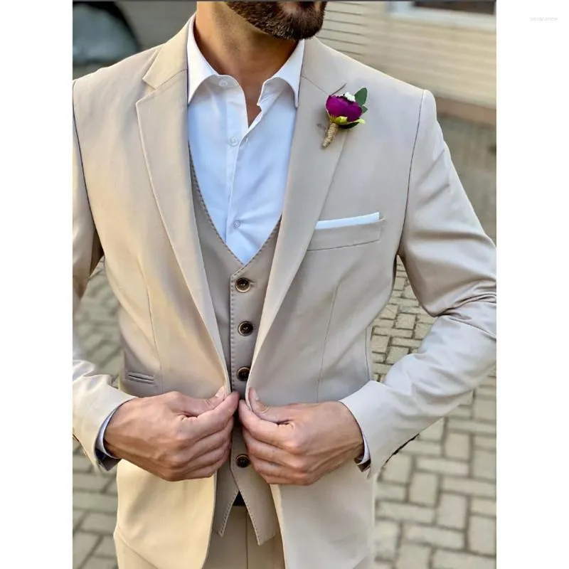 Herenpakken 2023 Mannen Blazer Terno Beige Notched Revers Single Breasted Formele Prom Party Driedelige Elegante Outfits Jas broek Vest