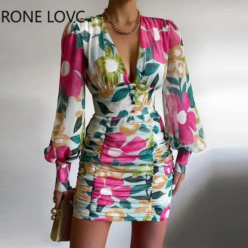 Robes Décontractées Femmes Chic Col V Profond Floral Lanterne Manches D'été Plis Bouton Sexy Robe En Mousseline De Soie