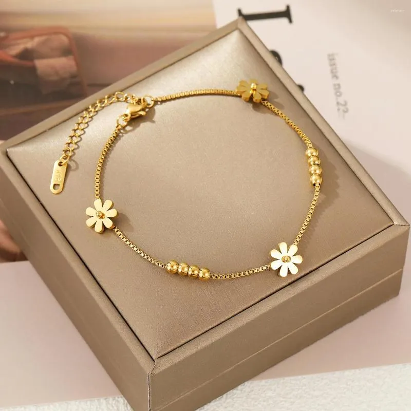 Link Bracelets Daisy Bracelet For Women Pearl Metal Bead Fine Chain Sweet And Lovely Jewelry Girl's Gift Romantic Fashion Golden Pink