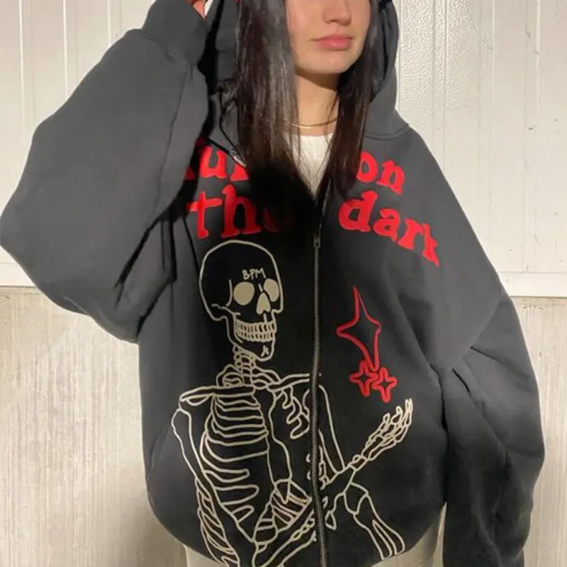 Herrtröjor tröjor skalle punk brev tryck hoodie sudadera höst vinter överdimensionerade y2k hoodies män full zip jackets tröja lång ärm 230804