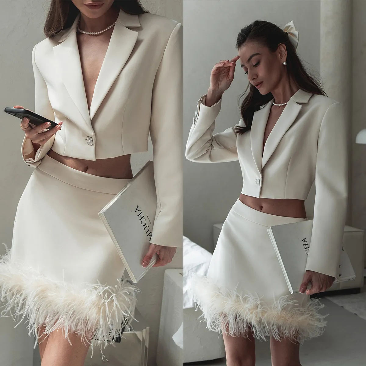 Save Big on Bulk Ostrich Feather Skirt Dress Ostrich Feather Blazer Skirt  Set Women's Slim Fit Piece Suit For Wedding Guest, Fashion Show Best