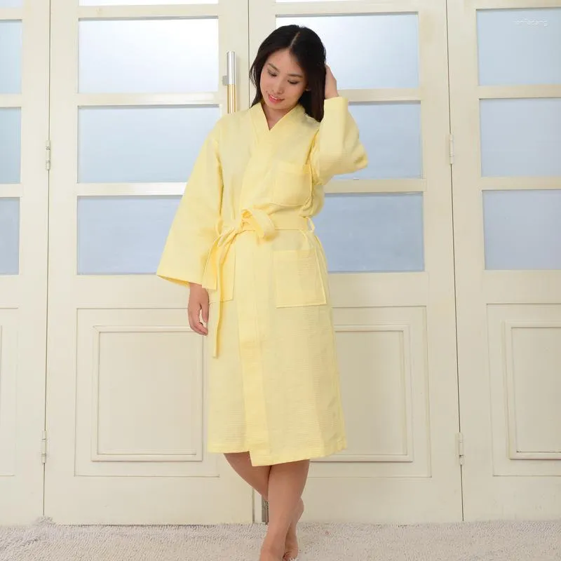 Kvinnors sömnkläder Kvinnor och män Bomull Waffle Thin Spring Summer Pure Color Full Sleeve Kne Length El Kimono Par Bathrobe