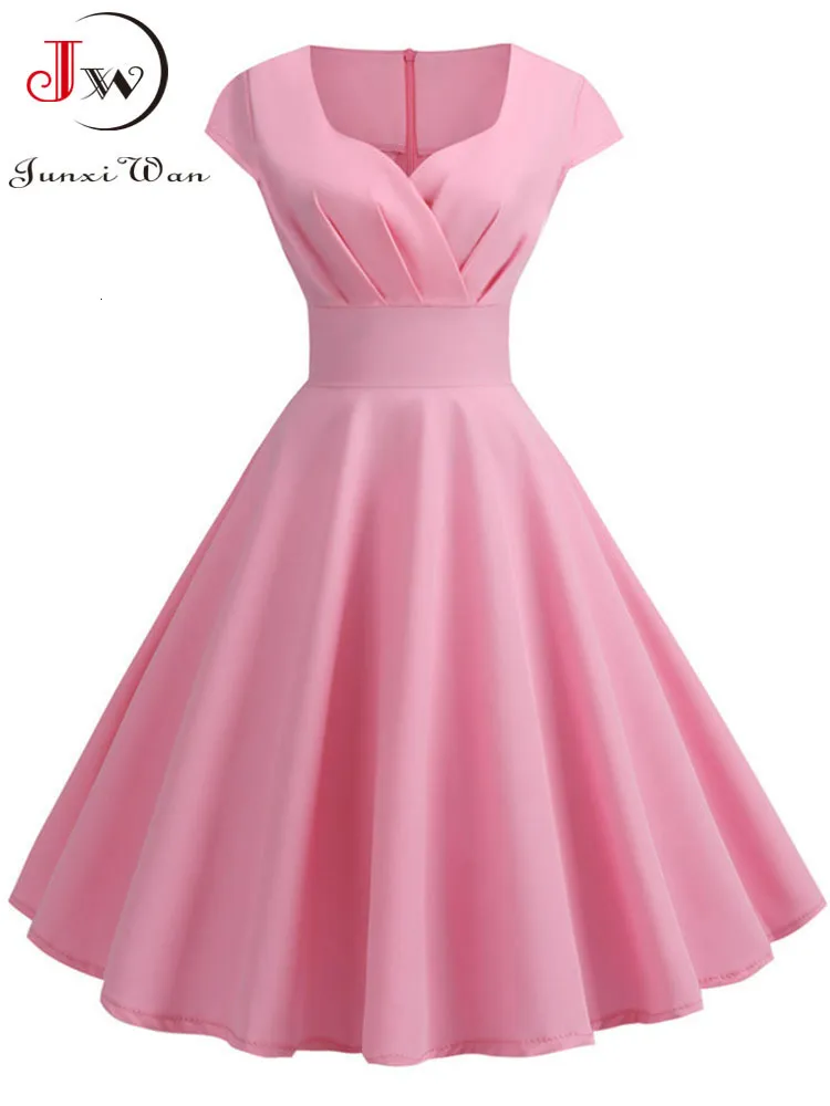 Robes Sexy Urbaines Rose Robe D'été Femmes Col En V Big Swing Vintage Robe Robe Femme Élégant Rétro pin up Party Bureau Midi Robes 230807