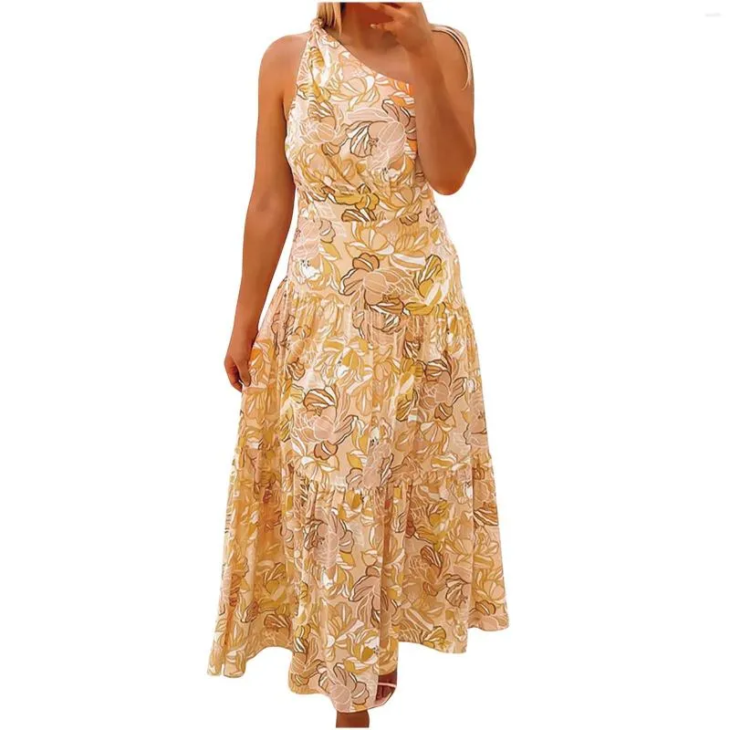 Повседневные платья для женщин, богемный отпечаток летний цветочный принт с одним плечом без рукавов.