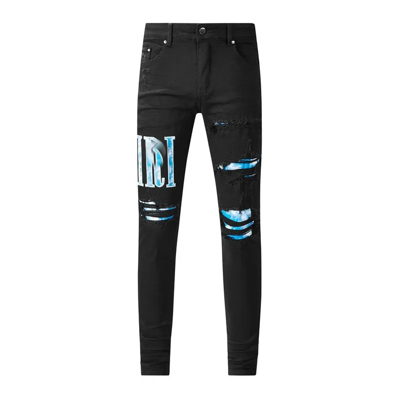 Nowe dżinsy designerskie do męskiej dziury jasnoniebieski ciemnoszary Włoch marka Man Long Pants Spodnie Streetwear Denim Chude Szczupłe Jeansy