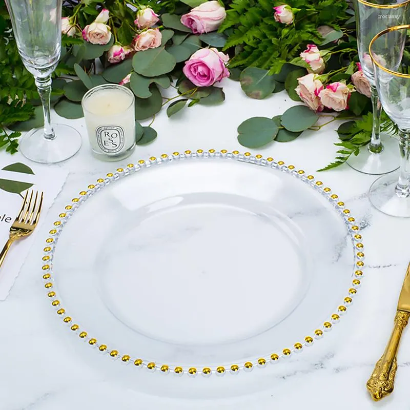 Pratos 50 Pçs Luxo Personalizado Acrílico Plástico Prata Rosa Ouro Frisado Aro Carregador Decoração De Casamento Para Mesa De Jantar