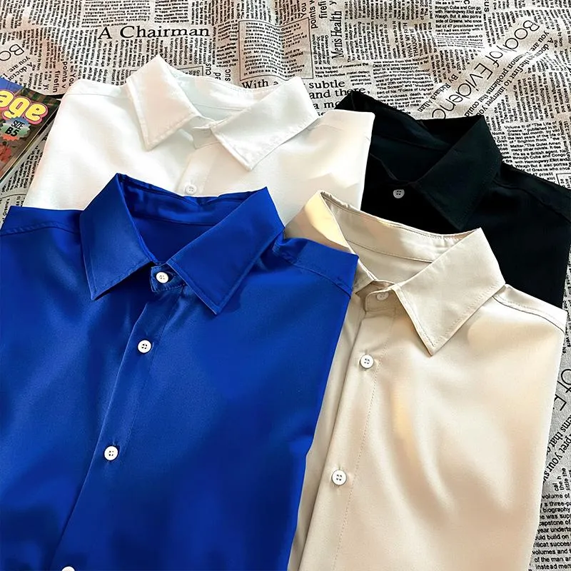 Blusas de verano para mujer, cárdigan blanco de oficina de seda helada para mujer, camisas holgadas con botones, manga corta, negro, azul para mujer