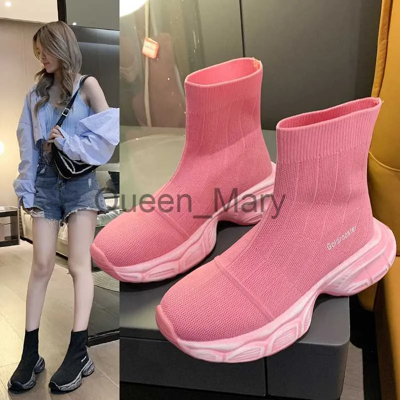 Dress Shoes High Top Sneakers Women Sock Shoes 2023 Knitted Pink Sneakers Chunky Sneakers Trainers Luxury Stretch Fabric Ankle Boots J230807