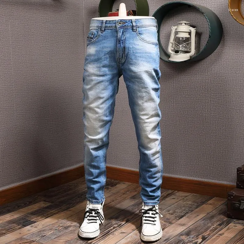 Jeans Masculino Designer de Moda Masculino Retro Azul Elástico Ajuste Justo Rasgado Vintage Calça Casual Estilo Coreano Calça Denim Hombre