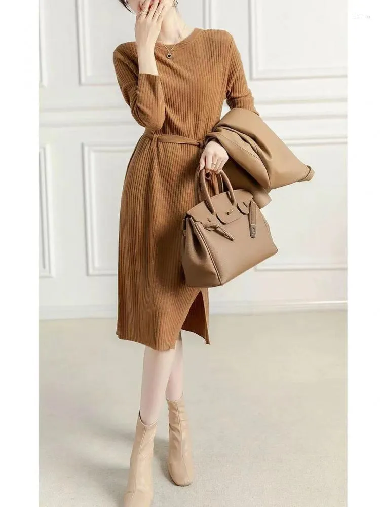Women's Brown Knit Sweater Dress with Split and O Neck