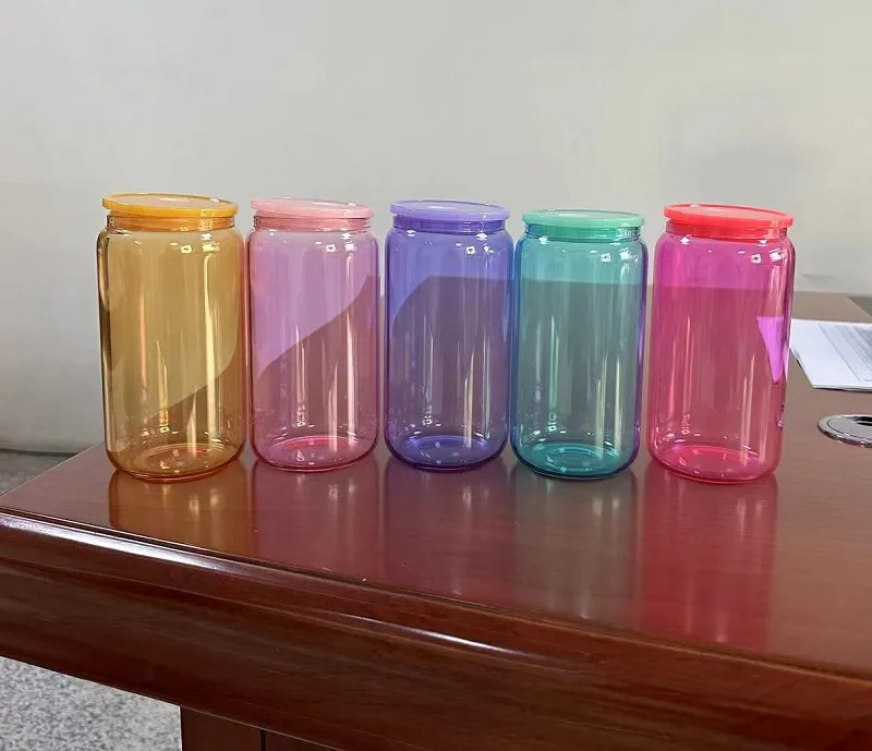 Colorful Lid Colored Unbreakable Split Glass Cans 16oz Sublimation