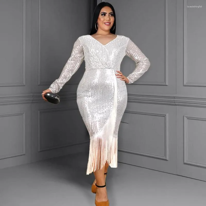 Freizeitkleider Glitzer Damen Party Silber Pailletten Langarm Schlitz Quaste Figurbetont V-Ausschnitt Elegant Fransen Cocktail Event Anlässe Kleid