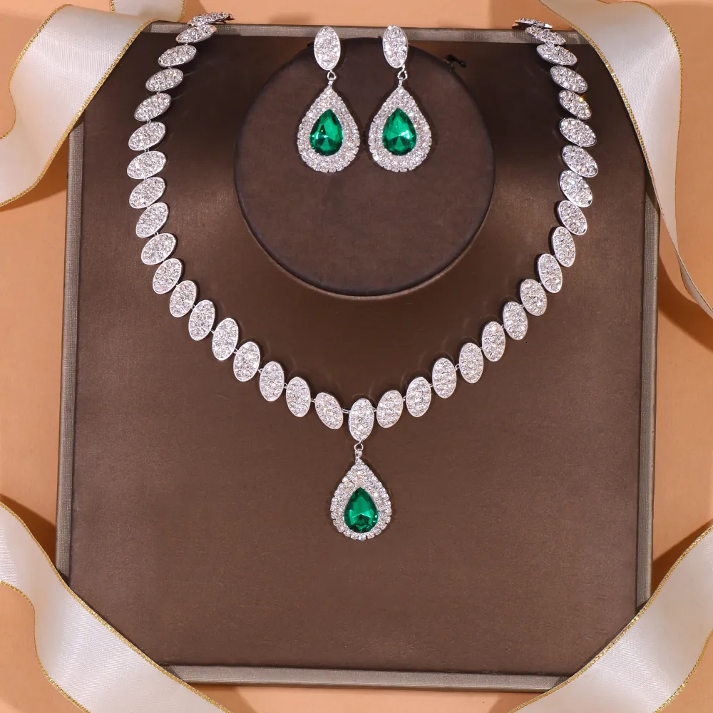 Hochzeitsschmuck-Sets Stonefans Exquisites rundes Kristall-Halsketten-Set für Frauen, grüner Wassertropfen, afrikanische Brautgeschenke 230804