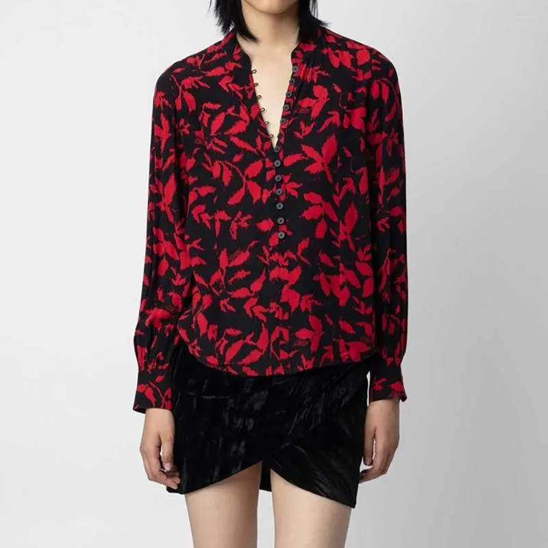 女性のブラウスZessam Red Flower Graphic Print Women Shirt V-Neck Lengeve Button Femme Pullover Vintage Classic Casuary Lady Top 2023