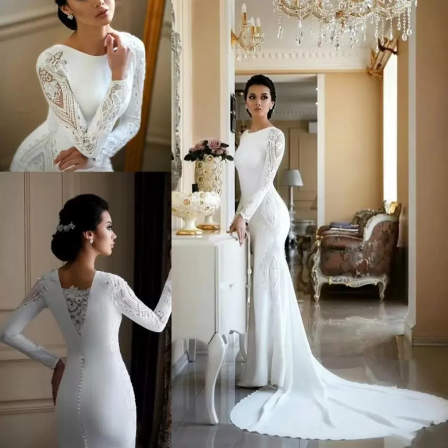 2023 Muslim Elegant Long Sleeve Mermaid Wedding Dress with Lace Appliqued Satin Boho Beach Wedding Gowns Sequined Vestido De Novia233d