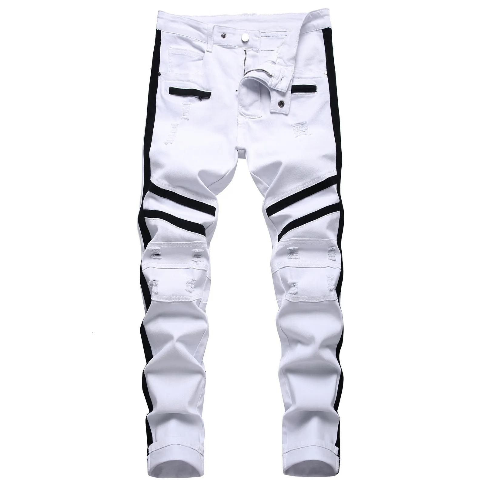 Jeans Masculino Punk Jeans Masculino Com Zíper Hip Hop Slim Fit Branco Bike Jeans Elástico Dividido Calça Jeans de Algodão Moda Casual Jogging Roupas Masculinas 230804