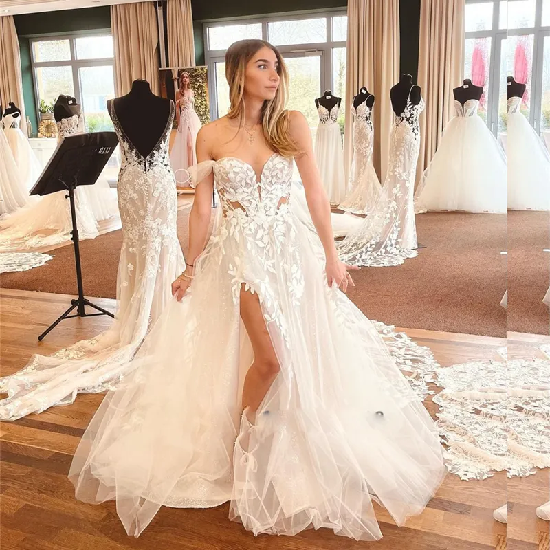 Abiti da sposa in pizzo a foglia di lunghezza del pavimento con spalle scoperte Abito da sposa sexy con spacco vuoto Abito da sposa con taglio aperto per la sposa