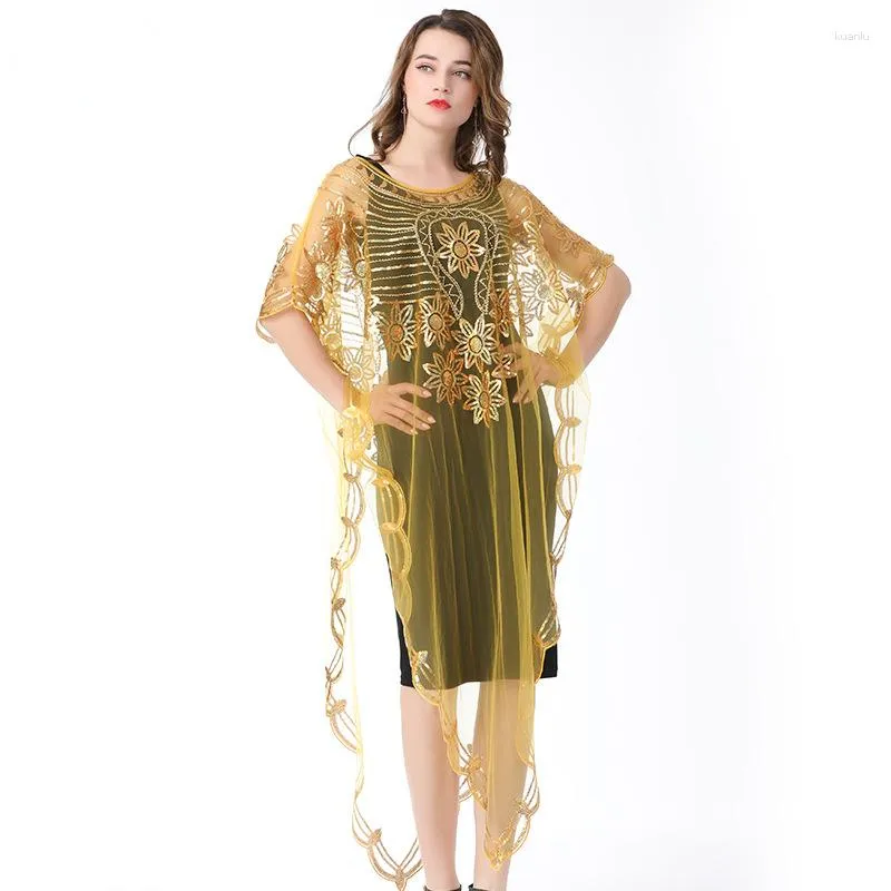 Casual Dresses 2023 Summer Mesh Sequins Bat Sleeve Women's Loose Long Shawl Cape Fashion Dress Clothing