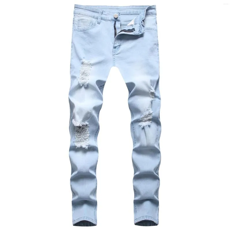 Heren Jeans Casual Ripped Denim Jeugd Rechte Stretch Broek Lichtblauw Mode Lang Grote maten