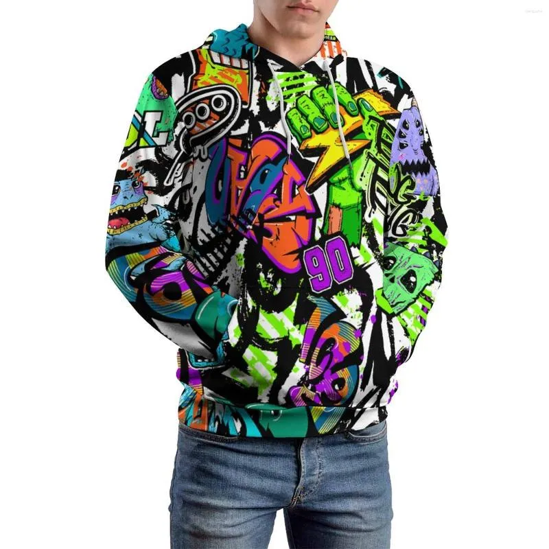 Men's Hoodies 80S Vintage Print Loose Abstract Monster Graffiti Casual Hoodie Men Long Sleeve Cute Graphic Sweatshirts Large Size