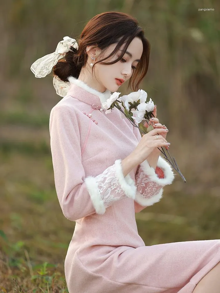 Pink Winter Cheongsam Dress For Girls Ethnic Winter Style With