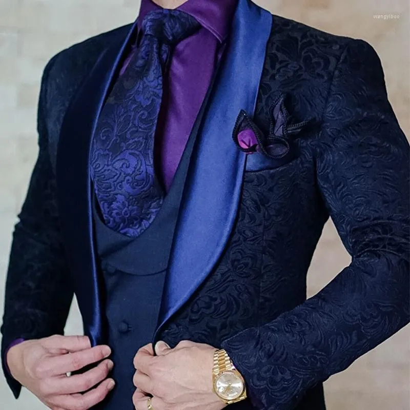 Men's Suits Navy Blue Floral Jacquard Men Slim Fit With Shawl Lapel 3 Piece Custom Wedding Tuxedo For Groomsmen Jacket Vest Pants