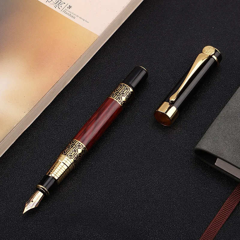 Fountain Pens High Quality Plumas Golden Carving Mahogny Luxury Business School Student Office Supplies Pen Ink 230807