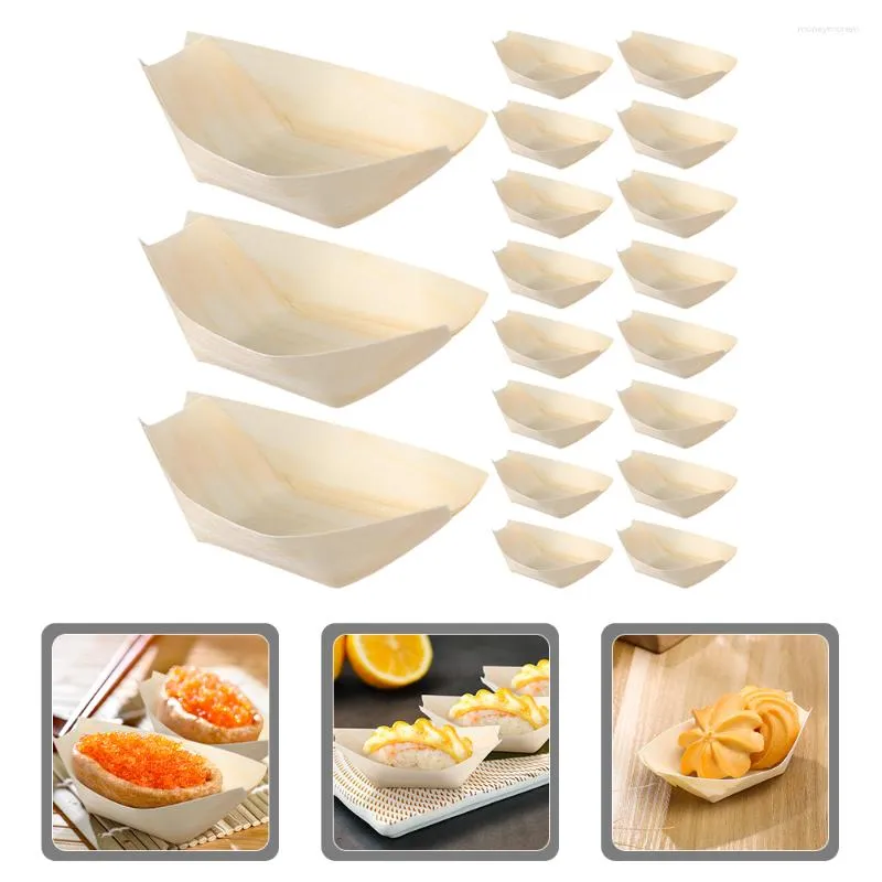 Bowls 120 Pcs Ship Shape Wood Chip Bowl Sushi Boats Container Wooden Plates Pine Tray Charcuterie Cones