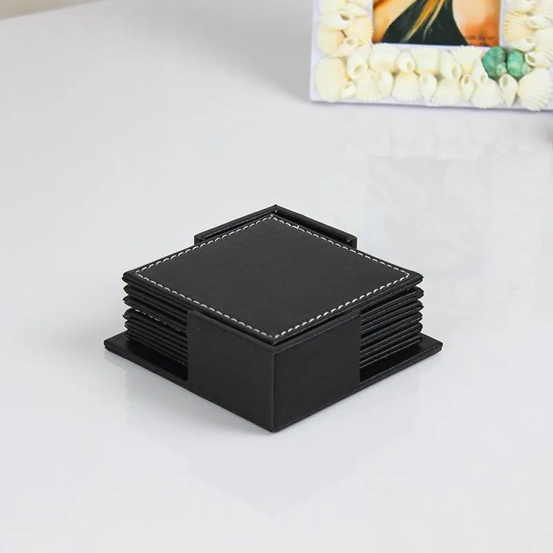 Table Runner Set Of 6PCS PU Leather Round Drink Coasters With Holder Pad Tableware US
