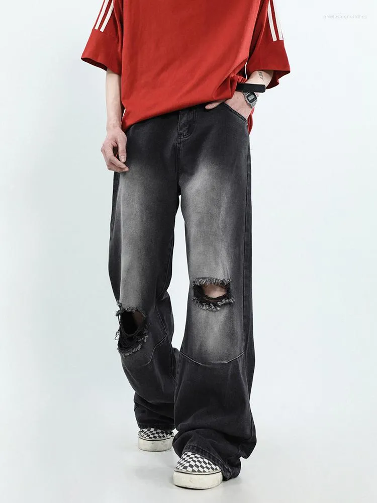 Men's Jeans Y2k Pants Streetwear Gradient Dyed Denim Mens High Street Ripped Hole Wide Leg Washed Straight-leg