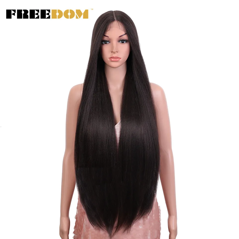 Lace Wigs FREEDOM Yaki Straight Synthetic Lace Wigs For Women Ombre Brown Handtied Lace Wig 36 Inch Middle Part Long Blue Pink Cosplay Wig 230807