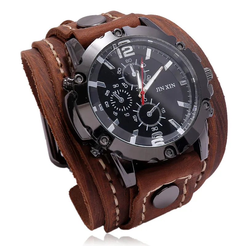 Other Watches Mens Quartz Watches Jessingshow Luxury Wristwatch Cowhide Watchband Punk Style Watch for Men Wide Genuine Leather Bracelets 230804