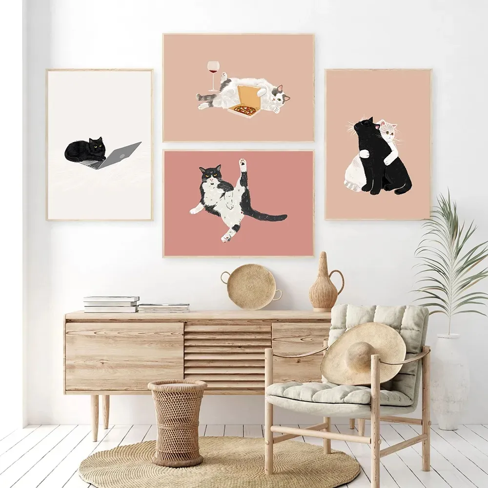 面白い猫のキャンバスペインティング猫の時計猫カップル漫画ctue動物ポスターウォールアートプリントピクチャーリビングカップルの部屋の家の装飾なしフレームWo6