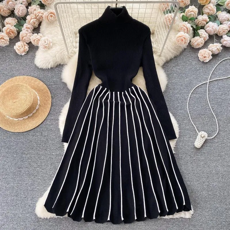 Casual Dresses Clothland Women Elegant Black Knitting Dress Turtleneck Long Sleeve A Line High Waist Retro Midi Vestido QC829