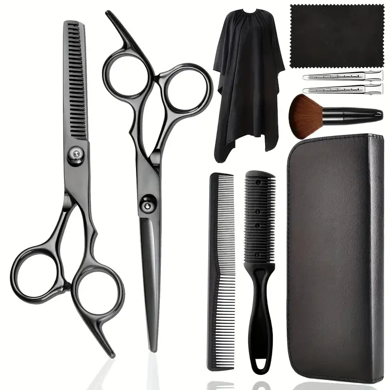 Kits De Ciseaux De Coupe De Cheveux, Ciseaux De Coiffure En Acier Inoxydable Ensemble De Ciseaux Amincissants Professionnels Pour Barbier/Salon/Maison/Hommes/Femmes/Enfants/Adultes Ensembles De Cisaillement/Animaux Domestiques (Noir)