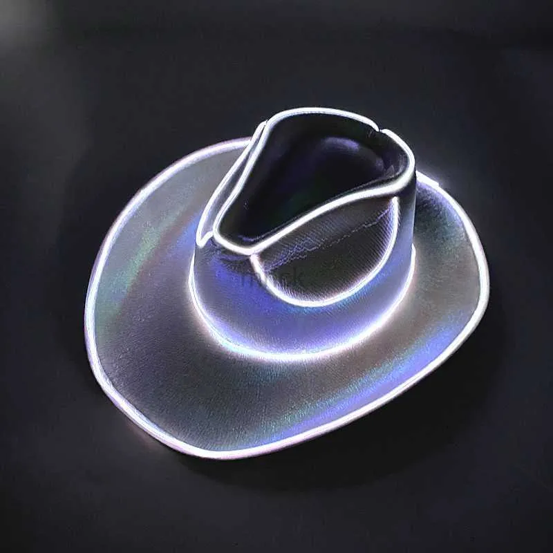 Party Hats Wireless Shiny Rolled Brim Cowboy Hat Fluorescerande Party Props Lys LED Cowboy Cowgirl Hat Flashing For Bridal Party HKD230807