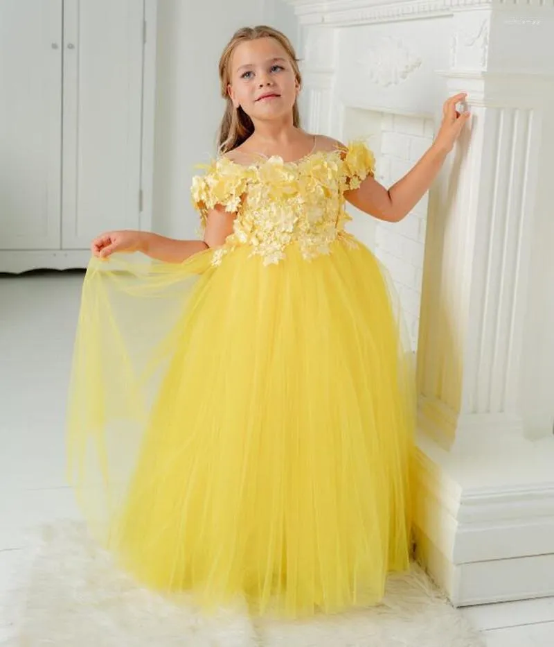 Girl Dresses Pageant Dress For Girls Yellow Fluffy Tulle Off Shoulder Flower Wedding Kids Princess Birthday Party Gowns