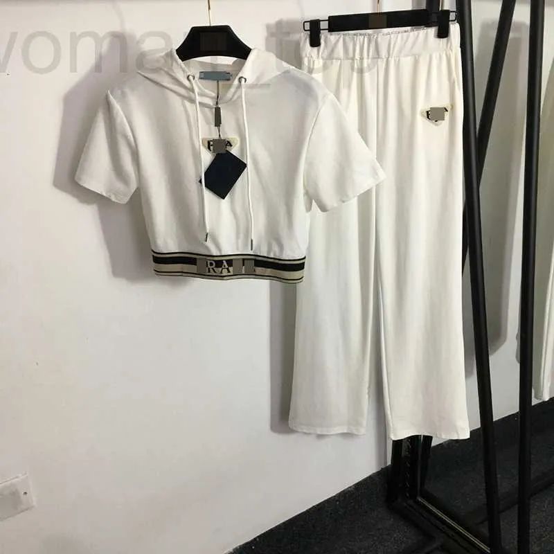 Women's T-Shirt Designer P Family's 2023 Summer New Sports Set Ribbon Short Sleeve Hooded T-shirt Sweater Elastic Waist Wide Leg Pants E5CE