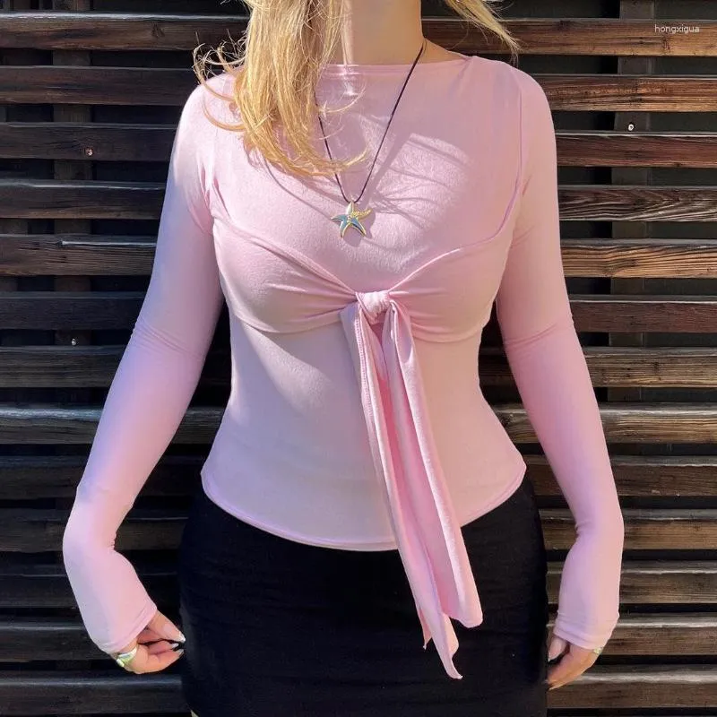 Camisetas femininas manga longa slim fit para mulheres bandagem de cor sólida rosa sexy streetwear camiseta plissada top cropped gravata frontal para cima
