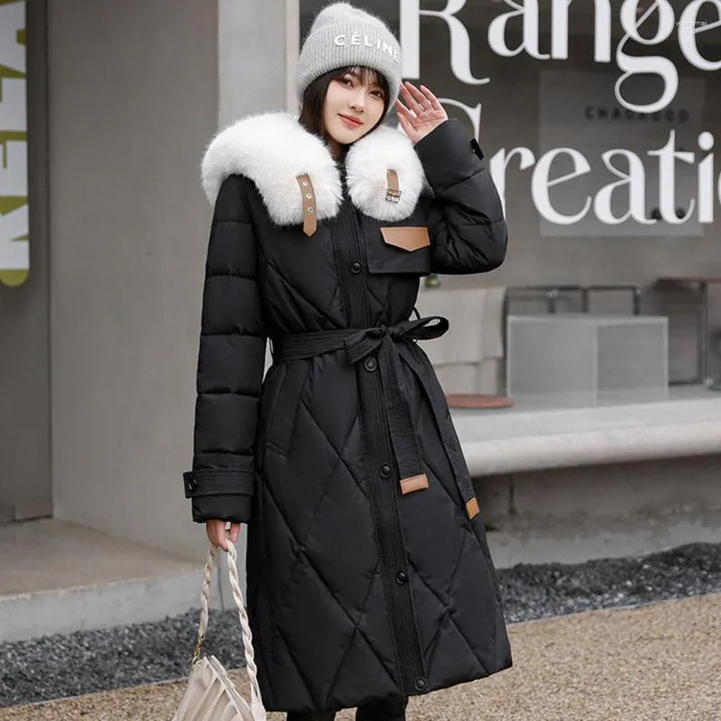 Women's Trench Coats Big Hair Collar Long Over The Knee Cotton-Padded Jacket For Female 2023 Winter Thickened Waist Show Thin Thick Coat