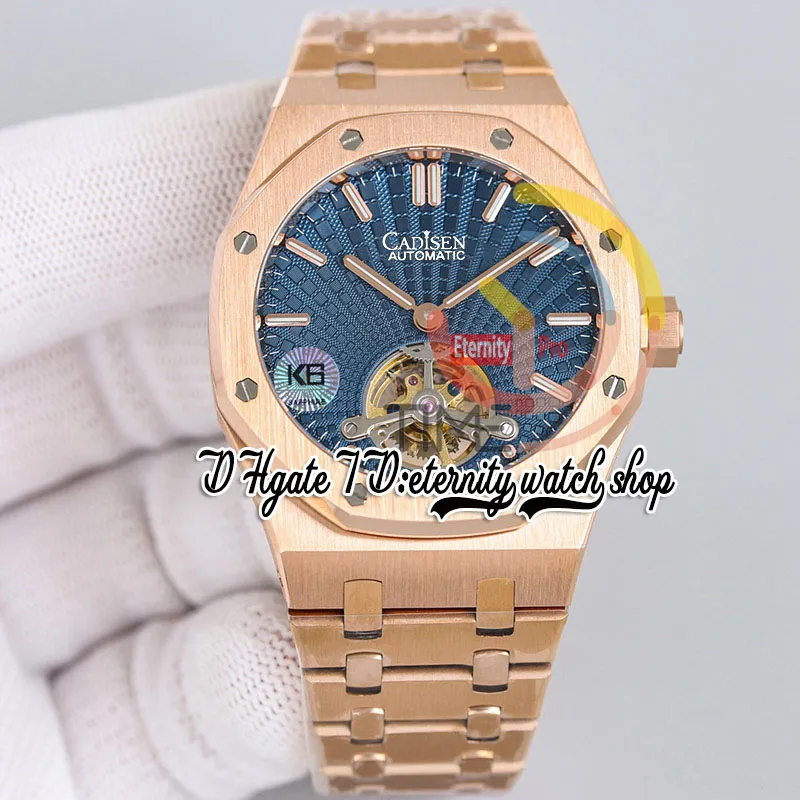 JCF K6F26522 MENS Titta extra tunn A2924 Automatisk Tourbillon 41mm Rose Gold Case Blue Tapisserie Dial Stick Markers Rostfritt stål Armband Super Edition Watches