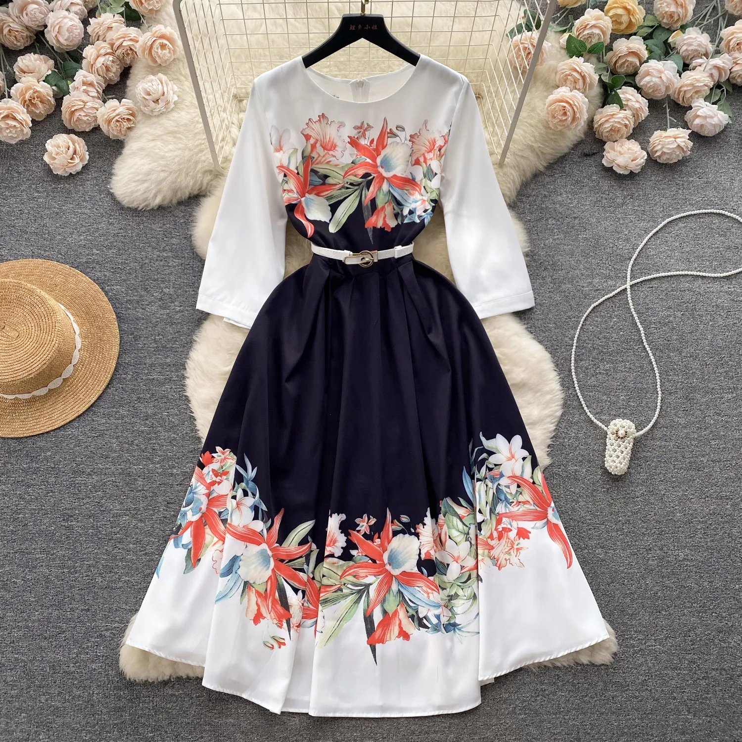 French Elegant Retro High Grade Printed Half Sleeve Dress Summer Waist Wrap Show Slim Temperament Big Swing Long Dress