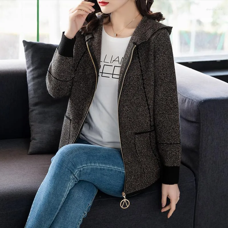 Women's Knits Women 2023 Spring Autumn Fashion Zipper Knitted Hooded Jackets Female Loose Sweater Coats Ladies Warm Cardigan Overcoats M376