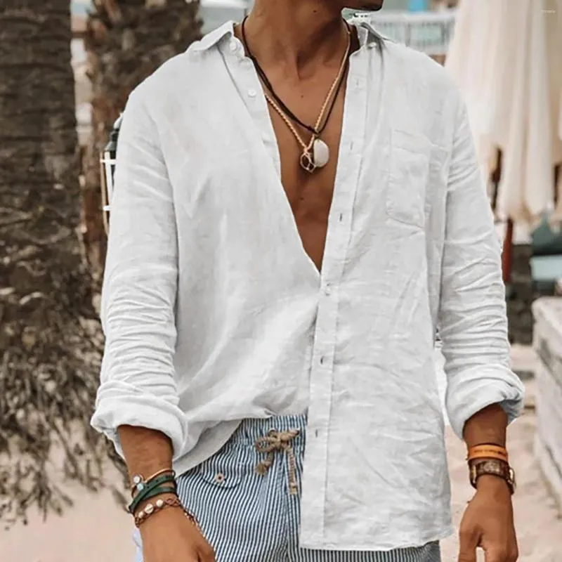 Herr t -skjortor linne för män ultratin casual knapp ner långärmad strandskjorta hawaiians koreansk mode stilig